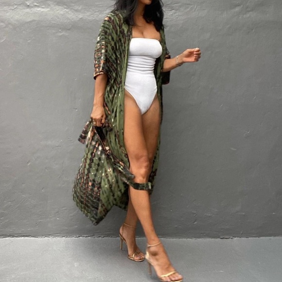 Olive Green Tie Dye Boho Swim Coverup Kimono Robe - Picture 3 of 6